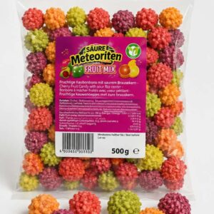 Hitschies Météorites Mix Fruits acidulés 100g bonbons à mâcher aux saveurs pomme, fraise, pêche et citron.