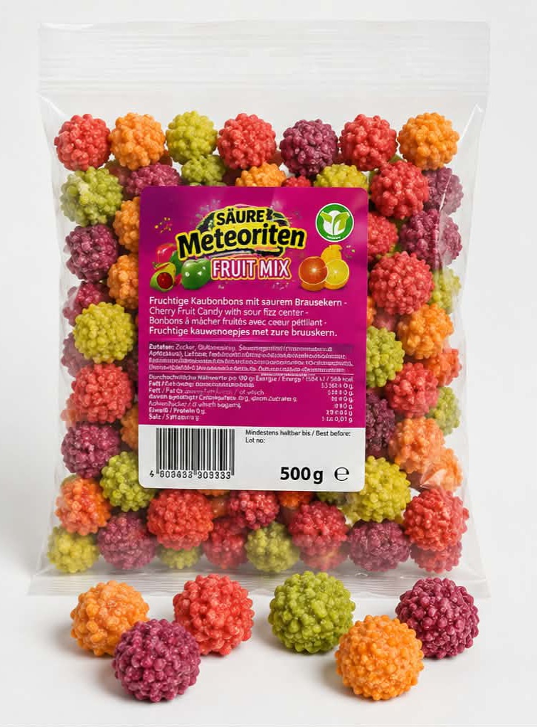 Hitschies Météorites Mix Fruits acidulés 100g bonbons à mâcher aux saveurs pomme, fraise, pêche et citron.