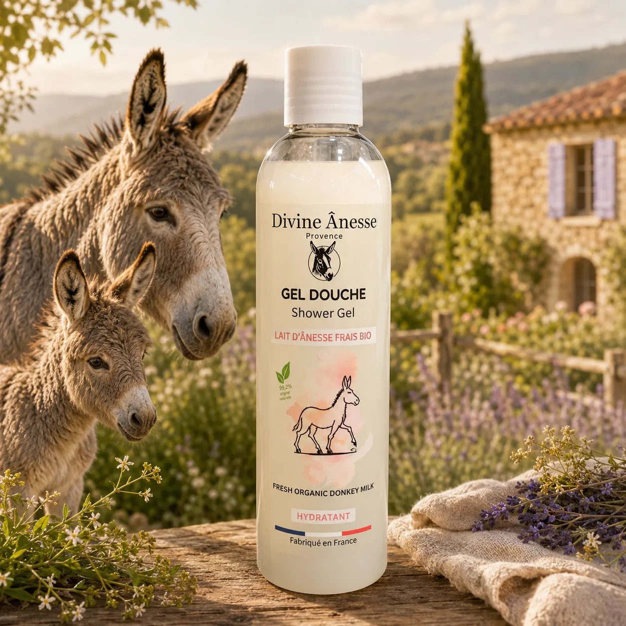 el douche au lait d'ânesse frais et biologique 250 ml hydratant et adoucissant pour tous les types de peau.