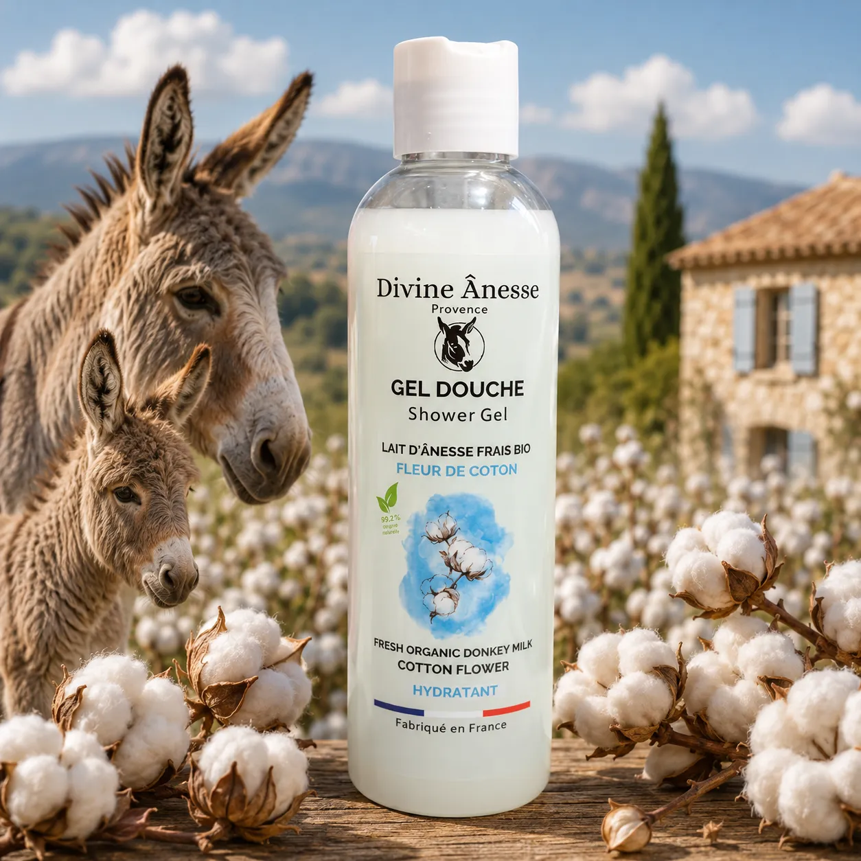 Gel douche au lait d'ânesse frais et fleur de coton bio 250 ml pour une peau douce, hydratée et délicatement parfumée.