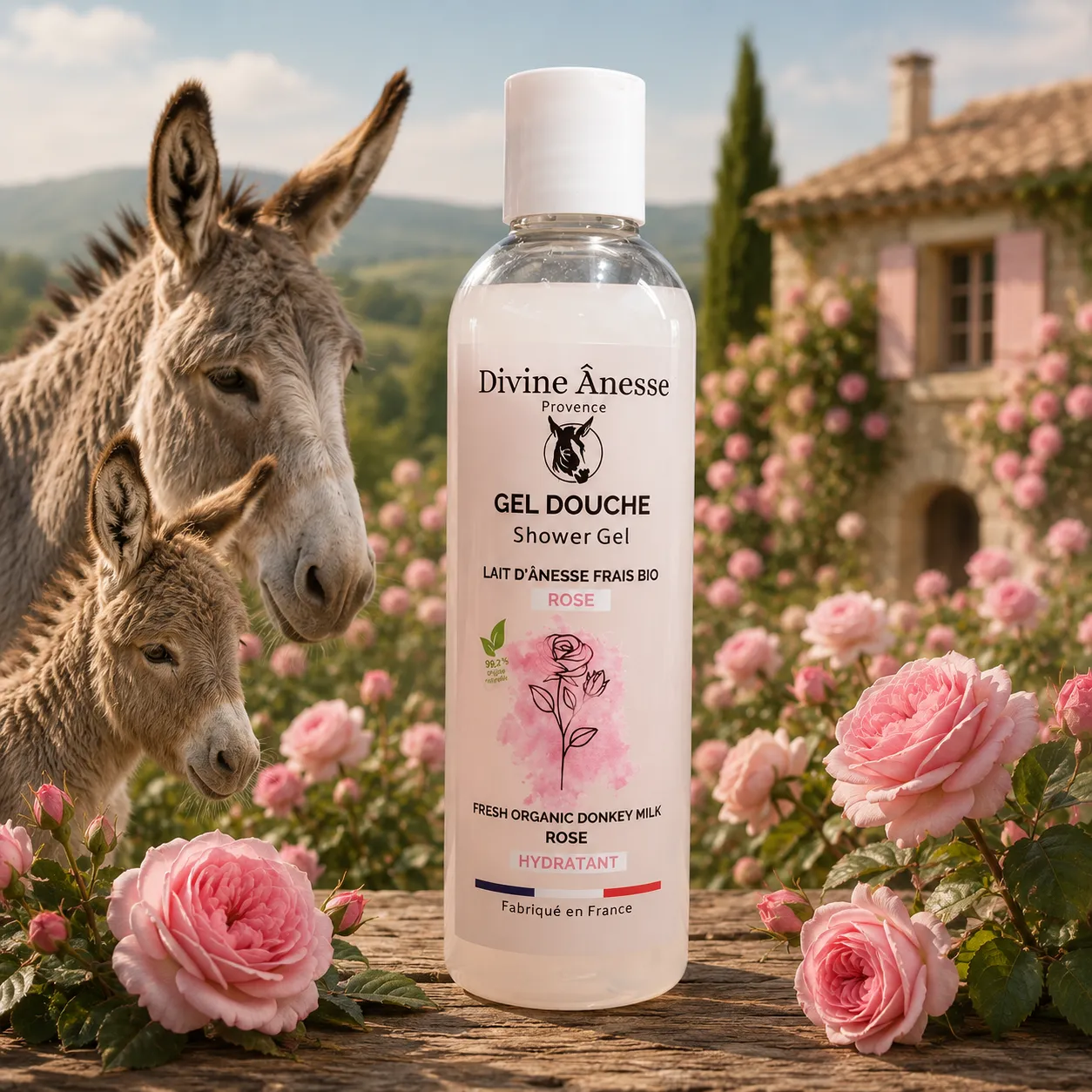 Gel douche au lait d'ânesse frais et rose bio 250 ml pour une peau douce, hydratée et délicatement parfumée.