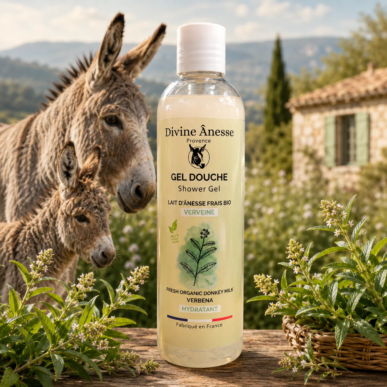 Gel douche au lait d'ânesse frais et verveine bio 250 ml hydratant et apaisant pour peaux sensibles.