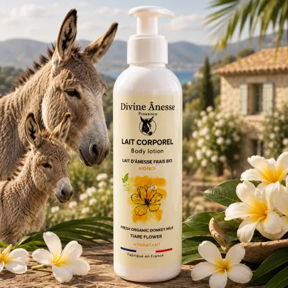 Lait corporel au lait d'ânesse et monoï 250ml hydratant et nourrissant pour une peau douce et parfumée