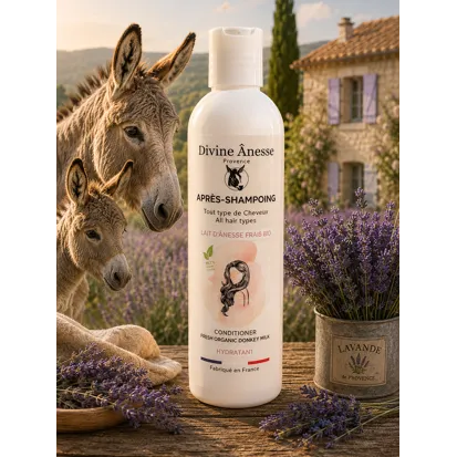 Après-shampoing au lait d'ânesse frais et biologique 250ml pour cheveux doux, nourris et brillants