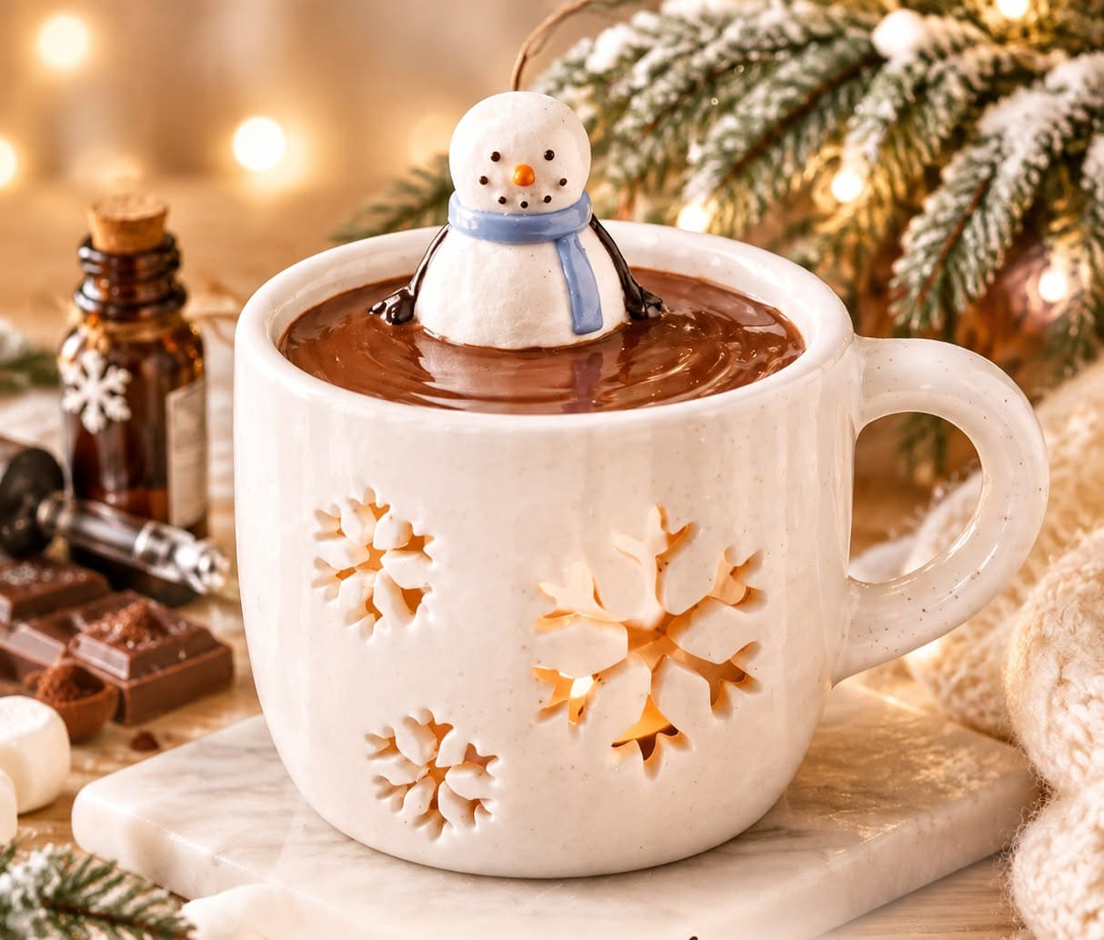 Brûle-parfum en céramique bonhomme de neige Snowman Hot Chocolate pour Noël
