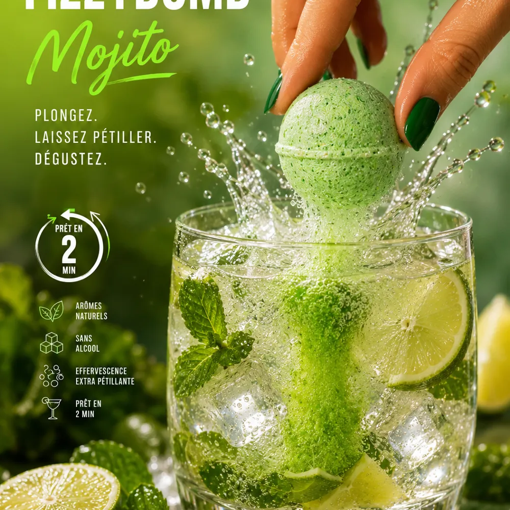 Bombe à cocktail sans alcool citron vert menthe verte rhum 39g